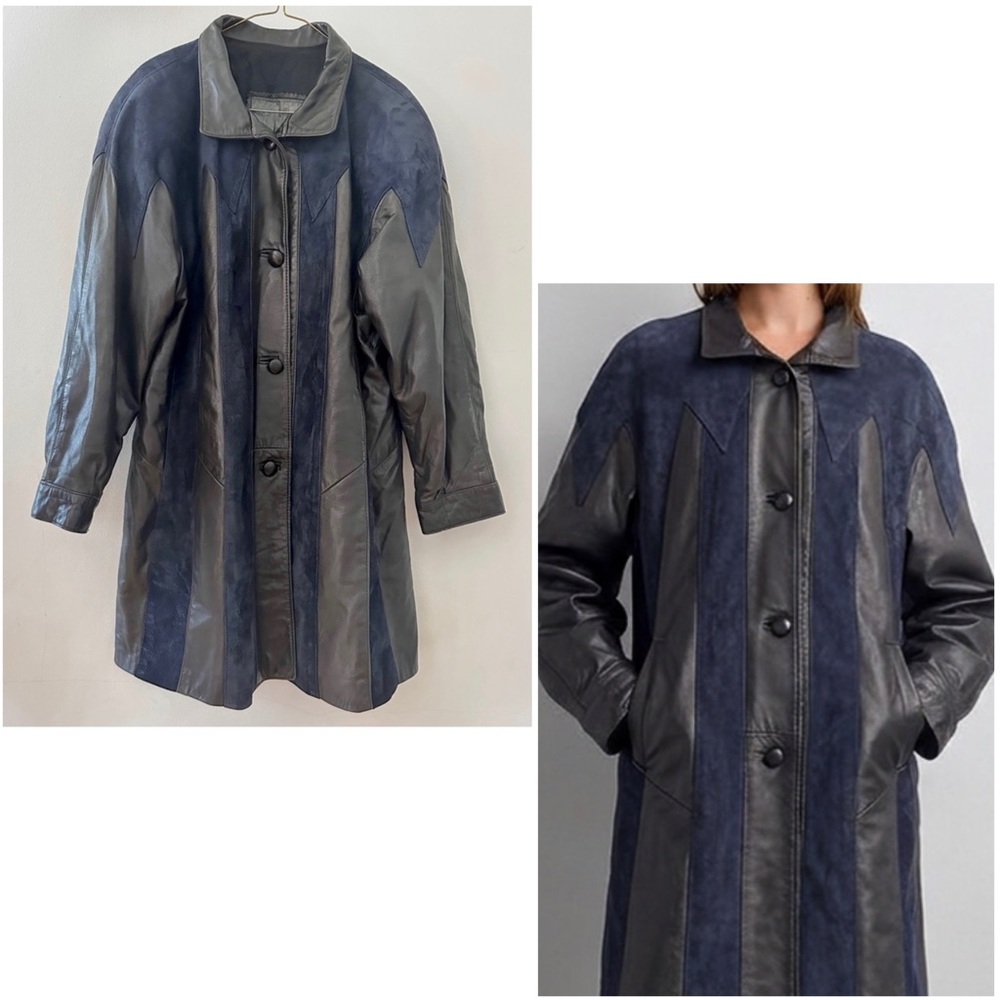 VINTAGE LEATHER SUEDE STRIPED TRENCH COAT LONG JACKET WESTERN BIKER UNISEX M L